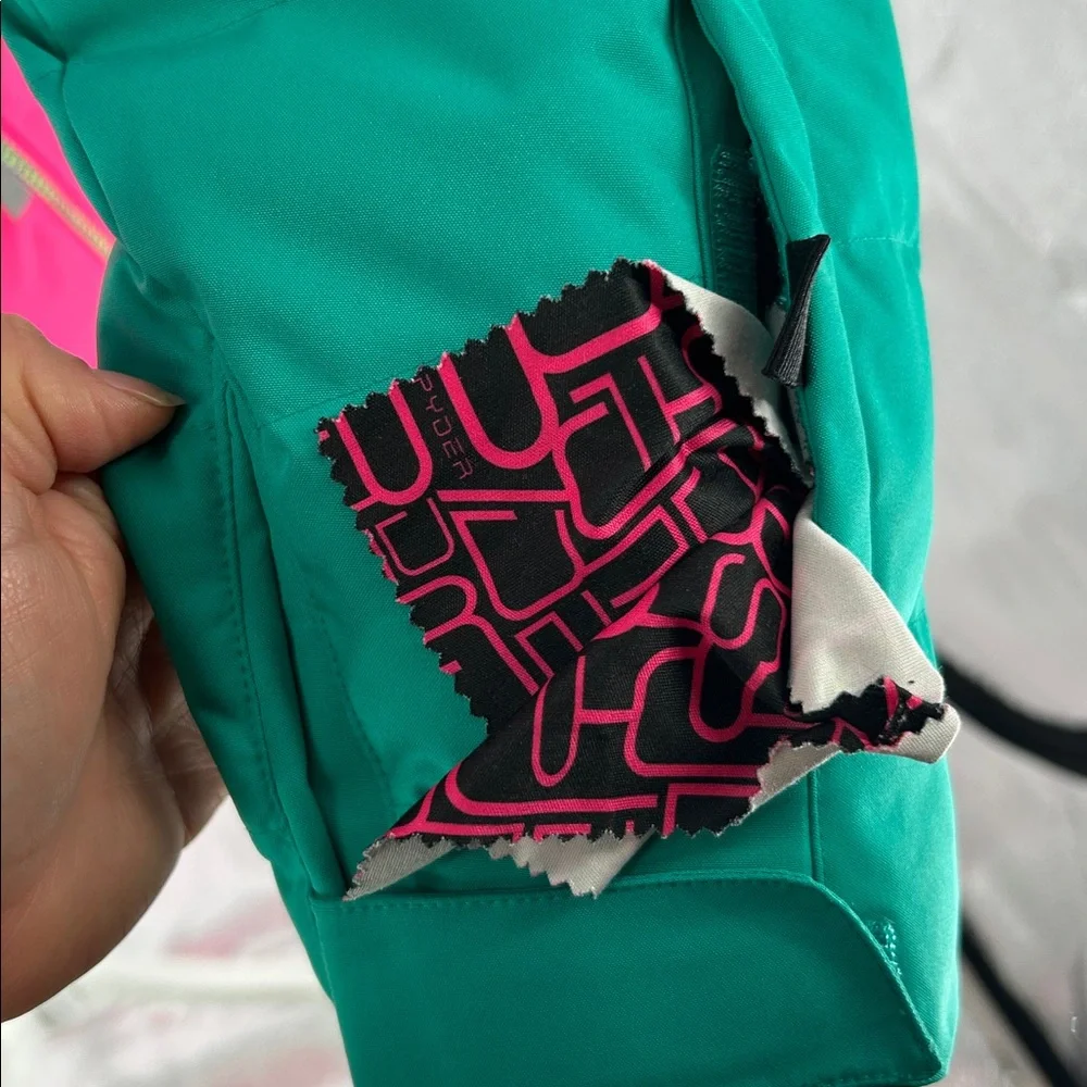 Spyder Girls Insulated Ski Jacket Pink Green Faux Fur Hood Size 16 - Picture 7 of 16